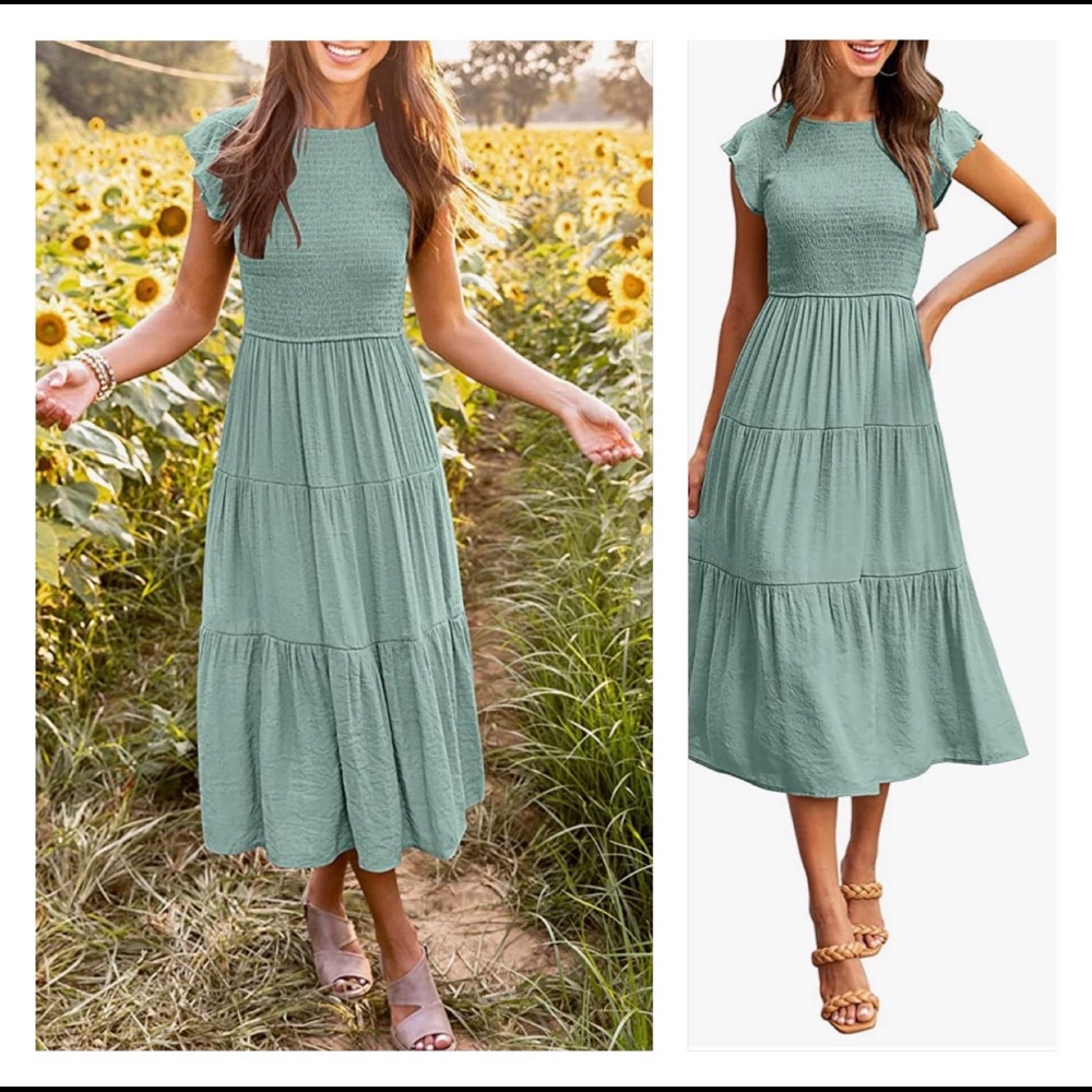 NWT Flutter Short Sleeve Smocked Midi Dress Summer Casual Tiered A-Line Dress